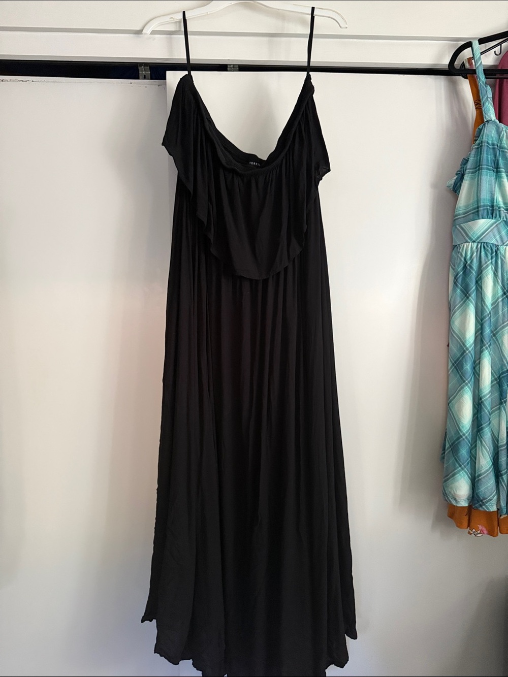 Black Off-Shoulder Maxi Dress with Spaghetti Straps